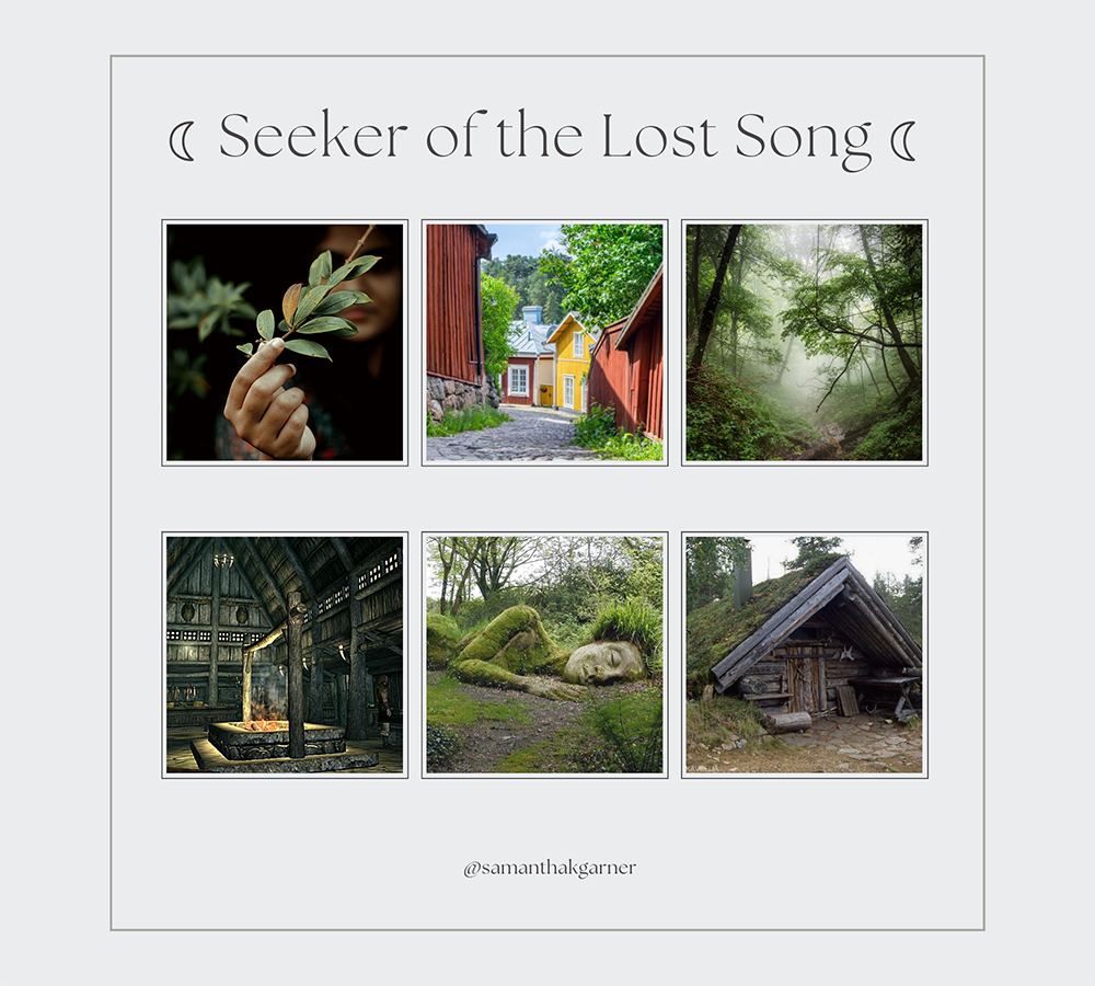 A graphic titled "Seeker of the Lost Song," showing six photos: A brown-skinned woman holding a leaf in front of her face, yellow and red wooden houses along a cobbled street, a misty forest, a tavern from the video game Skyrim, the "Mud Maid" sculpture which depicts a human form lying on the soil with grass and moss growing over it, and a sod-roofed wooden cottage.