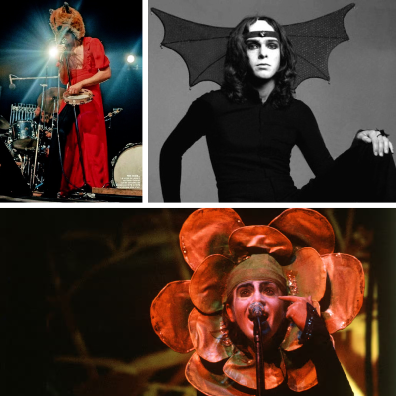 Three photos of Peter Gabriel from Genesis: One of him wearing a red dress and a fox head costume onstage, a black and white photo of him sitting and looking at the camera while wearing a bat wings on his head, a photo of him wearing a flower mask onstage 